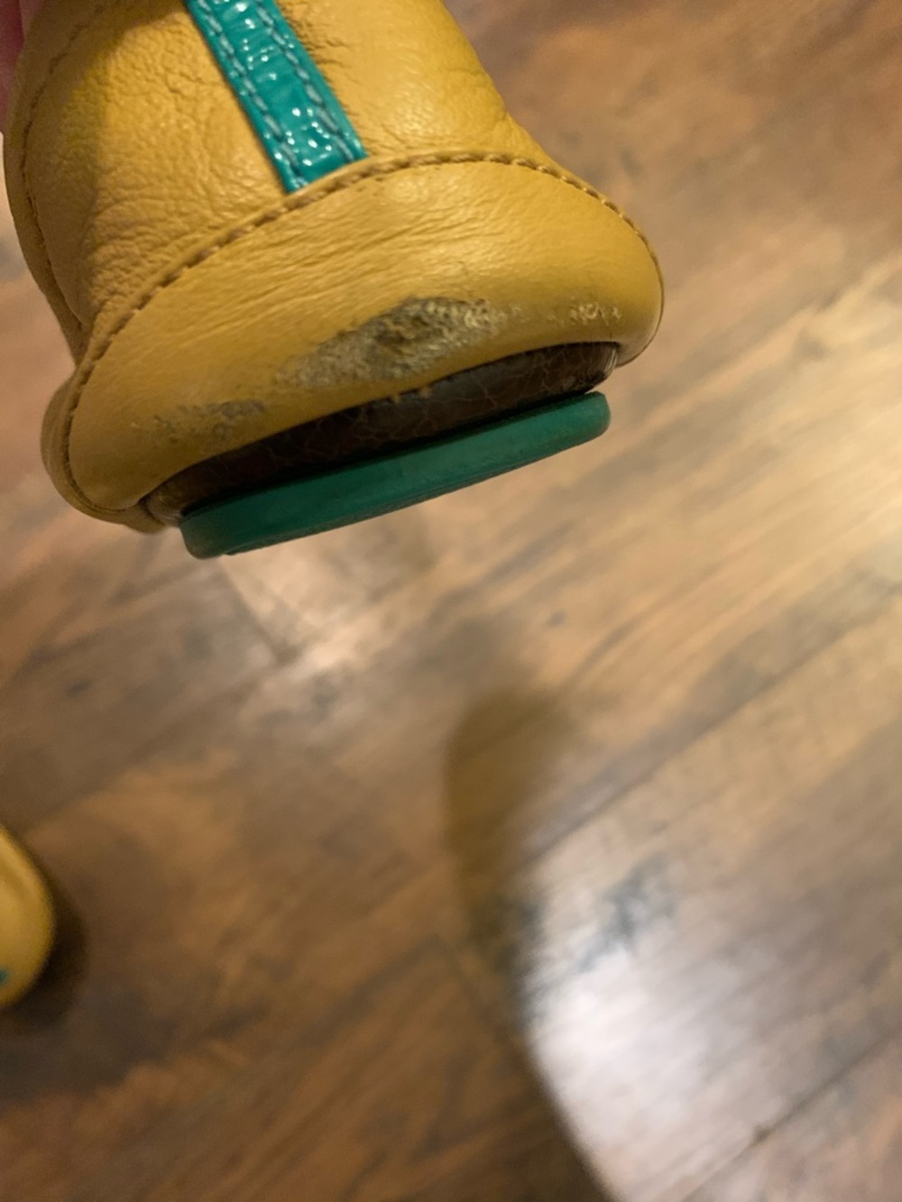 Tieks Mustard Yellow Leather Ballet Flats with Teal Heel Tab - Picture 8 of 8